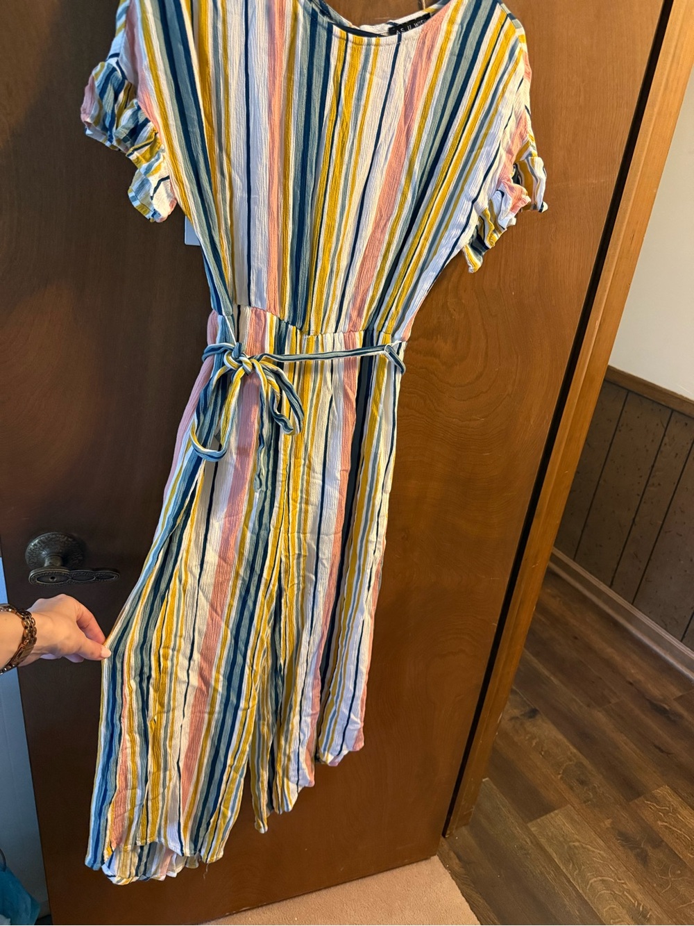 Striped Belted Midi Dress in Yellow, Blue & Pink